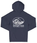 A navy blue hooded sweatshirt with a white graphic design on the back, depicting a mountain range. The text below the graphic reads "Rocky Mountain National Park".