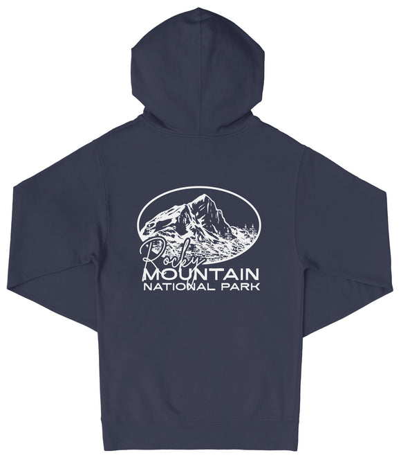 A navy blue hooded sweatshirt with a white graphic design on the back, depicting a mountain range. The text below the graphic reads "Rocky Mountain National Park".