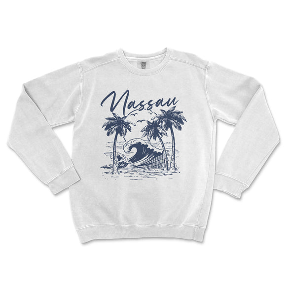a white sweatshirt with a picture of a wave and palm trees