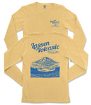 a yellow long-sleeved t-shirt with a graphic design depicting a mountain landscape and a lake.