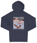 A navy blue hooded sweatshirt with a graphic design depicting a mountain range and the text "PETRIFIED FOREST NATIONAL PARK ARIZONA" printed on it.