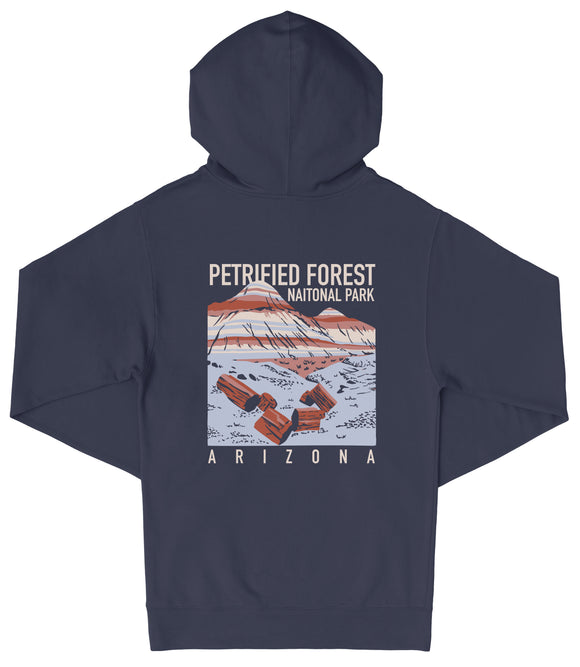 A navy blue hooded sweatshirt with a graphic design depicting a mountain range and the text "PETRIFIED FOREST NATIONAL PARK ARIZONA" printed on it.