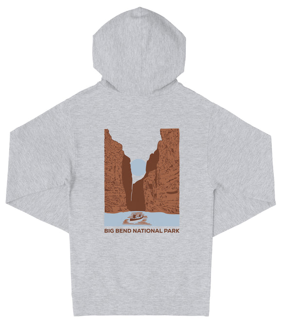 A grey hooded sweatshirt with a graphic design depicting a canyon and a boat on a river.