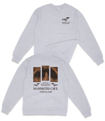 A grey sweatshirt with a graphic design depicting the Mammoth Cave National Park, featuring three cave images and text.