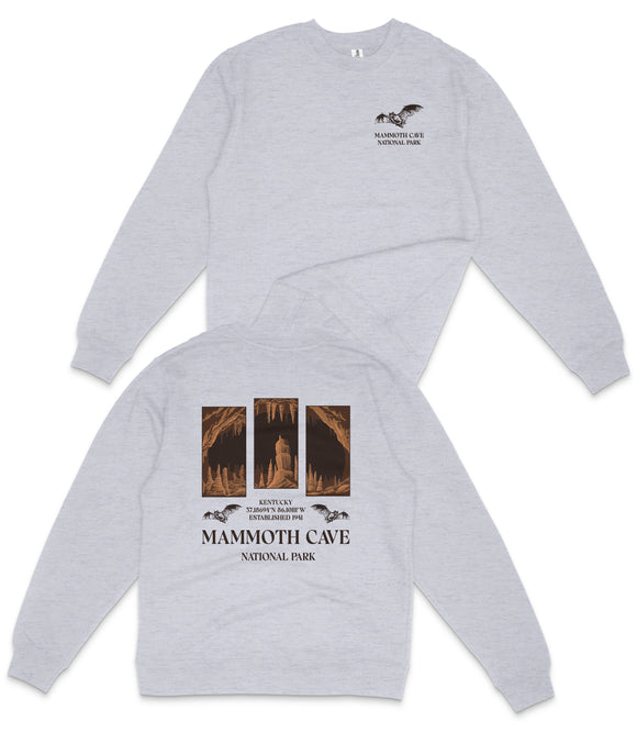 A grey sweatshirt with a graphic design depicting the Mammoth Cave National Park, featuring three cave images and text.