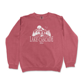 a red sweatshirt with the lake cascade logo on it
