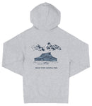 A gray hooded sweatshirt with a graphic design depicting a cabin and mountains in the background, along with the text "Grand Teton National Park".
