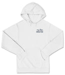 A white hooded sweatshirt with a logo on the front.