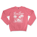 a pink sweatshirt with a surfboard and palm trees on it