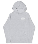 A gray hooded sweatshirt with a mountain graphic on the front.