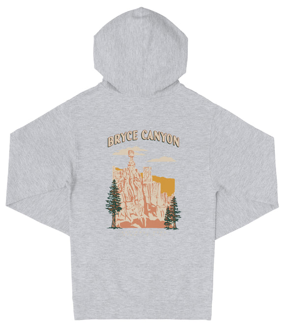 A gray hooded sweatshirt with a graphic design depicting the Bryce Canyon National Park in the United States.