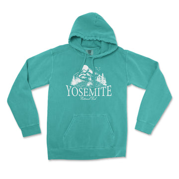 a teal sweatshirt with yosemite on it