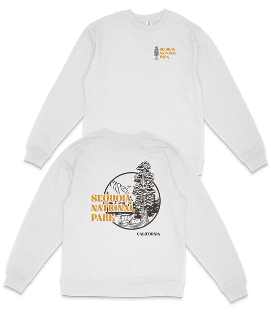 A white long-sleeved sweatshirt with a graphic design and text printed on the back.