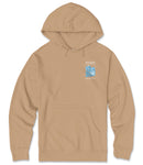 A beige hooded sweatshirt with a graphic design on the front pocket.