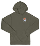 A gray hooded sweatshirt with a graphic design on the front.
