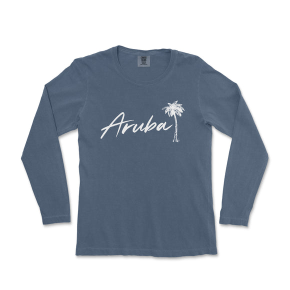 a blue shirt with the word aruba written in white