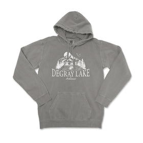 a gray hoodie with a picture of a castle on it