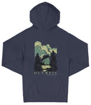 A navy blue hooded sweatshirt with a graphic design depicting a mountain landscape with pine trees and a body of water.