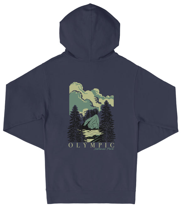 A navy blue hooded sweatshirt with a graphic design depicting a mountain landscape with pine trees and a body of water.