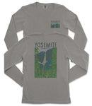 a gray long-sleeved t-shirt with a graphic design depicting a mountain range and the text "Yosemite National Park" printed on it.