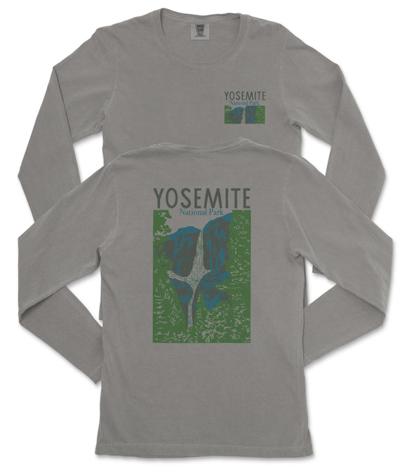 a gray long-sleeved t-shirt with a graphic design depicting a mountain range and the text "Yosemite National Park" printed on it.