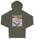 A dark green hooded sweatshirt with a graphic design depicting a mountain and text that reads "PETRIFIED FOREST NATIONAL PARK ARIZONA".