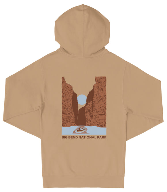 A beige hooded sweatshirt with a graphic design depicting a canyon landscape and a boat on a river.