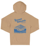 A beige hooded sweatshirt with a graphic design depicting a mountain landscape and the text "Lassen Volcanic National Park" printed on the back.
