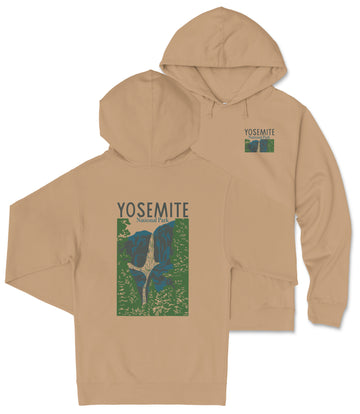 A beige hoodie with a graphic design and text printed on it, depicting a mountain range.
