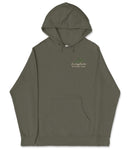 A dark green hooded sweatshirt with a logo on the left side.