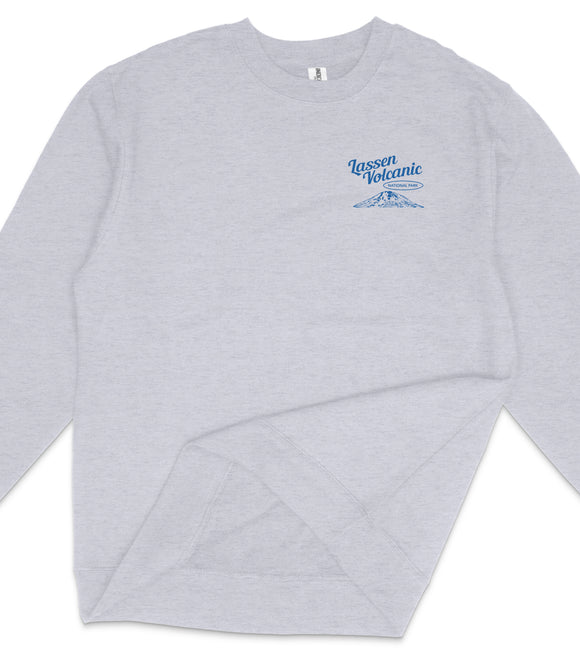 A gray long-sleeved shirt with a blue logo on the left side.
