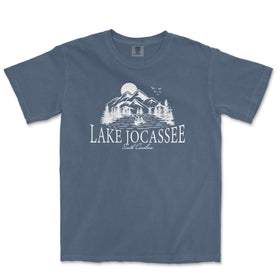 a blue shirt with the words lake togassee on it