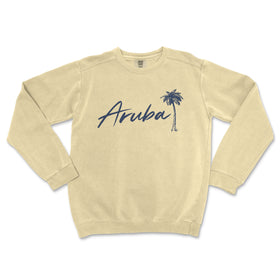 a cream sweatshirt with a palm tree and the word aruba on it