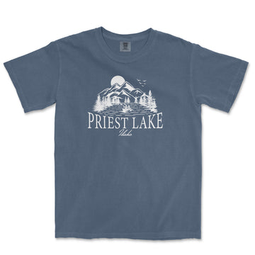 a blue shirt with the words priest lake on it