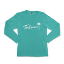 a women's turquoise long - sleeved shirt with the word tuluum