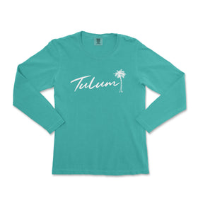a women's turquoise long - sleeved shirt with the word tuluum