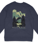 A navy blue sweatshirt with a graphic design depicting a scenic landscape with pine trees, mountains, and a body of water.