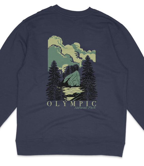 A navy blue sweatshirt with a graphic design depicting a scenic landscape with pine trees, mountains, and a body of water.