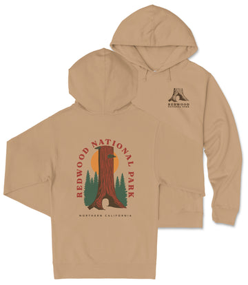 A beige hoodie with a graphic design depicting a redwood tree and the text "REDWOOD NATIONAL PARK NORTHERN CALIFORNIA" printed on it.