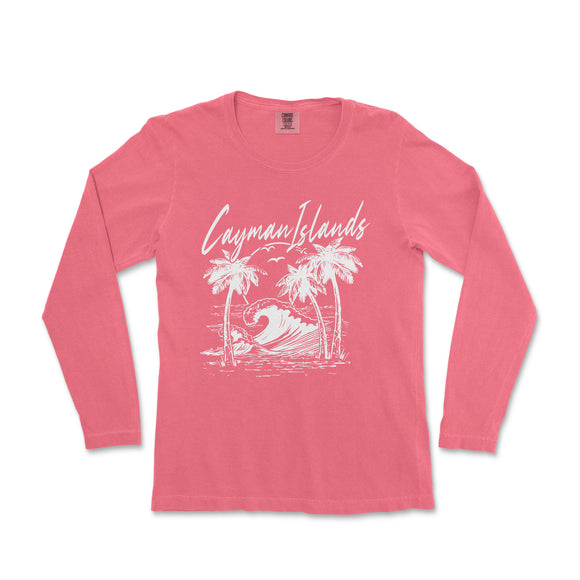 a women's long sleeve shirt with a graphic of a surfboarder riding