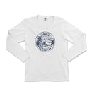 a white long sleeve shirt with a blue and white graphic on the chest