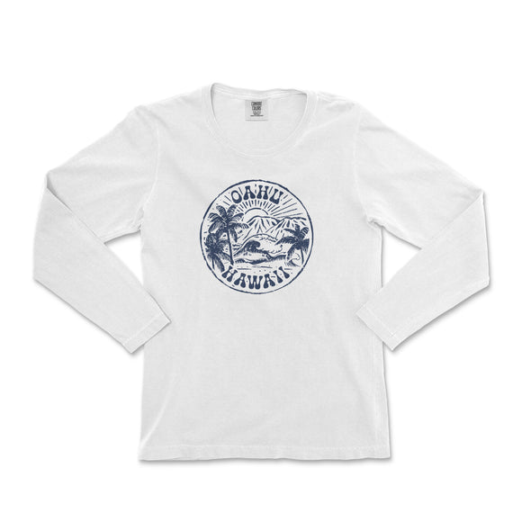 a white long sleeve shirt with a blue and white graphic on the chest