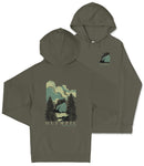 A hooded sweatshirt with a graphic design depicting a scenic landscape with mountains, trees, and a body of water.