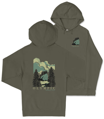 A hooded sweatshirt with a graphic design depicting a scenic landscape with mountains, trees, and a body of water.