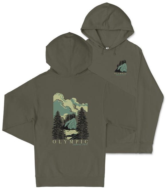 A hooded sweatshirt with a graphic design depicting a scenic landscape with mountains, trees, and a body of water.