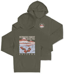 A gray hooded sweatshirt with a graphic design depicting a scenic landscape, including mountains and a body of water. The text on the sweatshirt reads "PETRIFIED FOREST NATIONAL PARK ARIZONA".