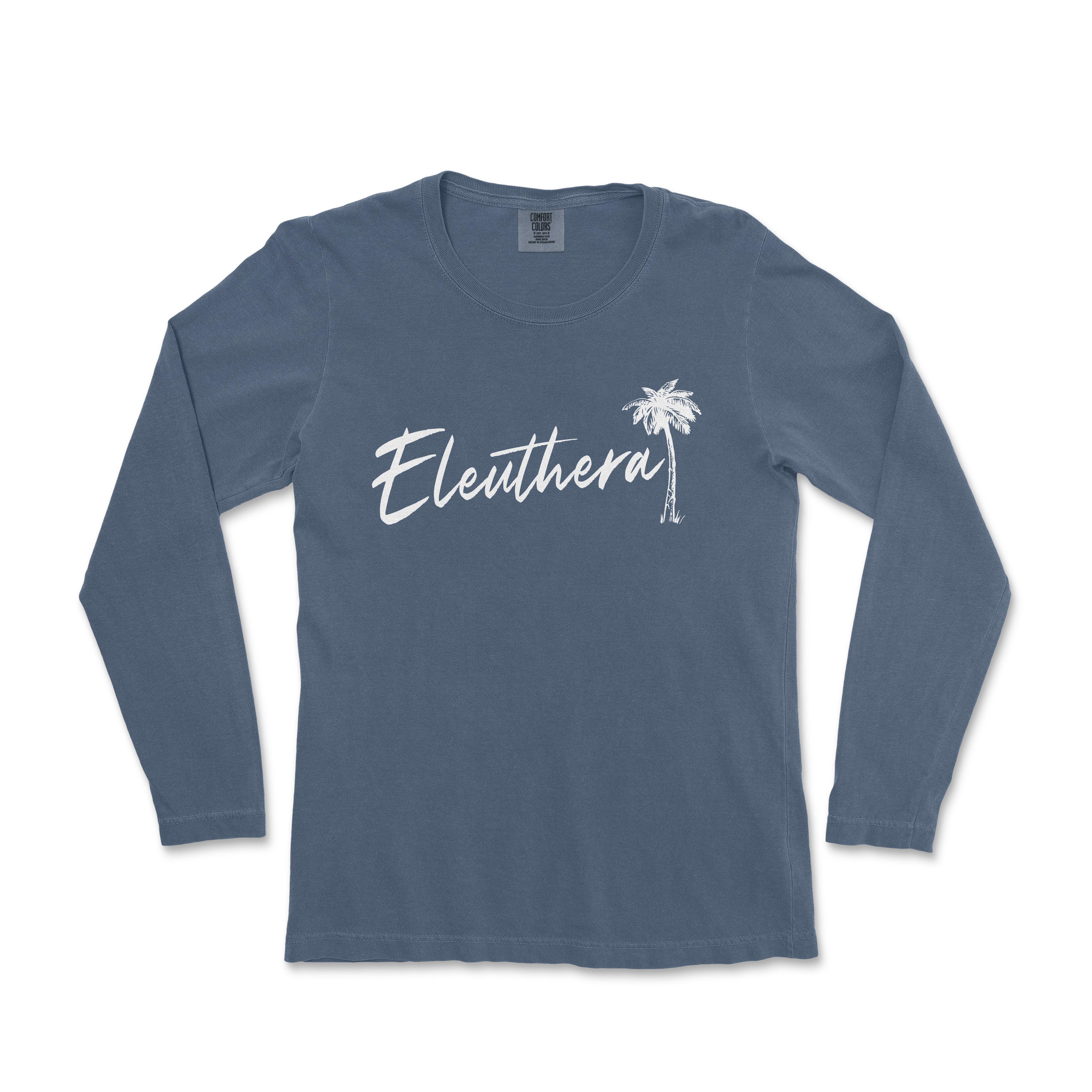 a women's blue long sleeve shirt with the word elethorn in white