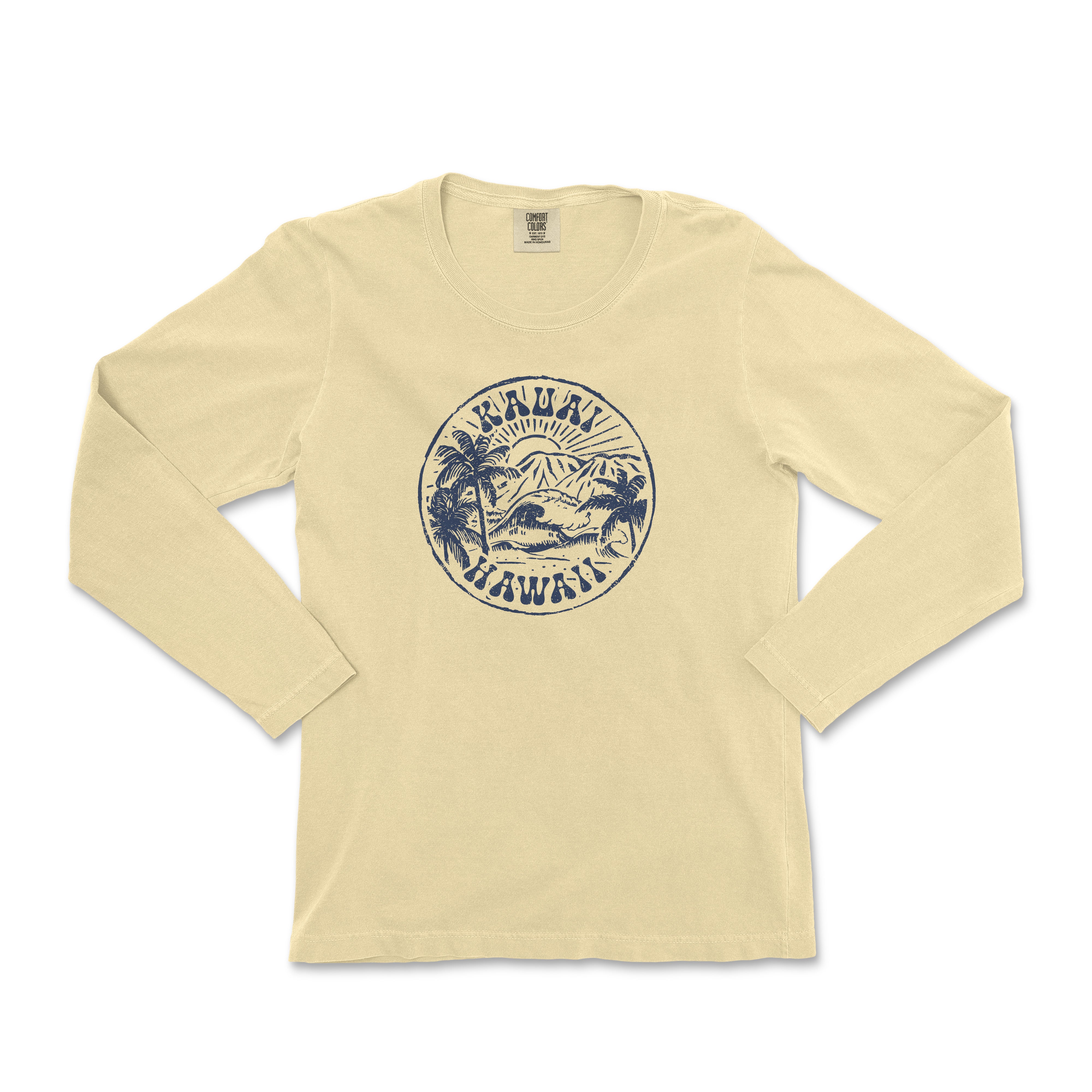 a women's long sleeve shirt with a blue and white graphic on the front