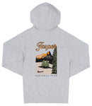 A grey hooded sweatshirt with a graphic design depicting a scenic landscape with mountains, pine trees, and a canoe on a lake.