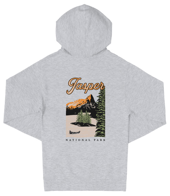 A grey hooded sweatshirt with a graphic design depicting a scenic landscape with mountains, pine trees, and a canoe on a lake.